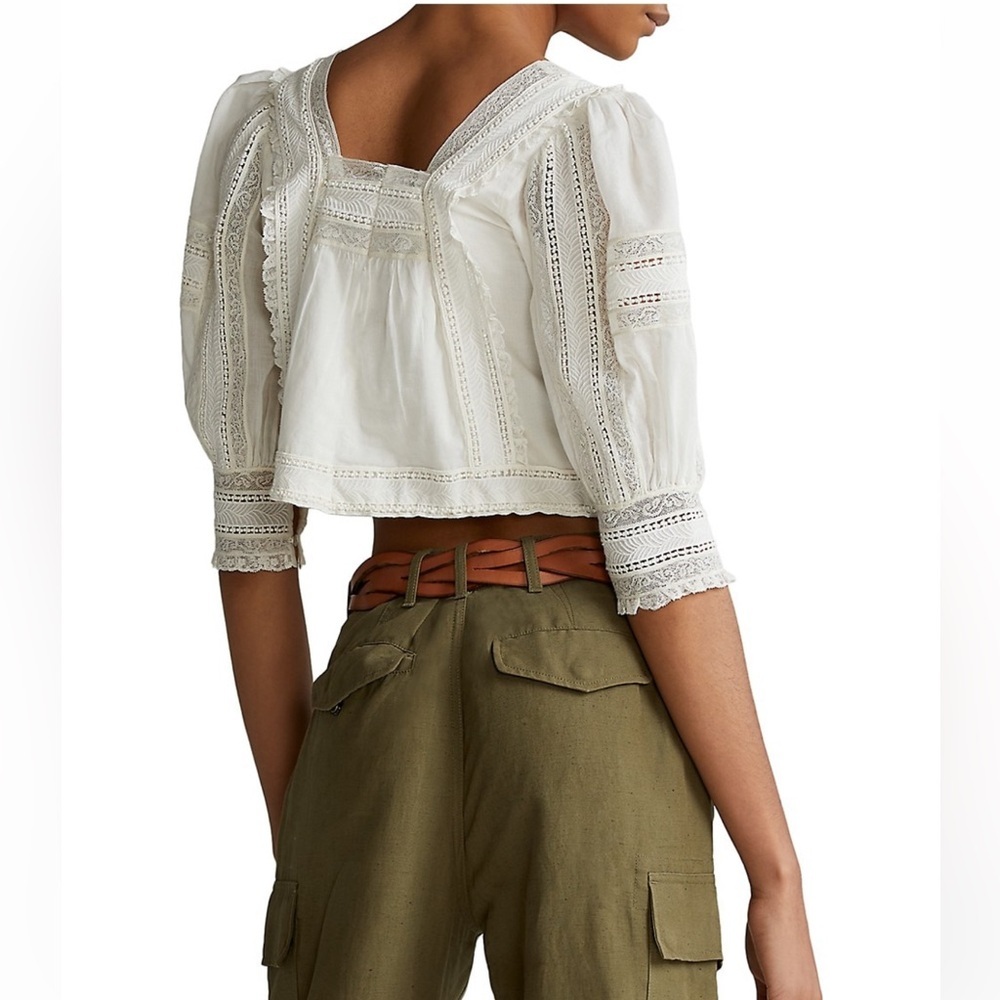 Polo Ralph Lauren Blouse Womens Cream White Lace Cotton Voile Bohemian Cropped - Picture 2 of 14